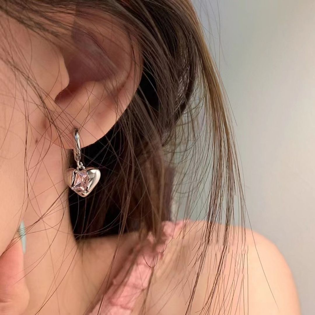 Pink Heart Crystal Drop Earrings