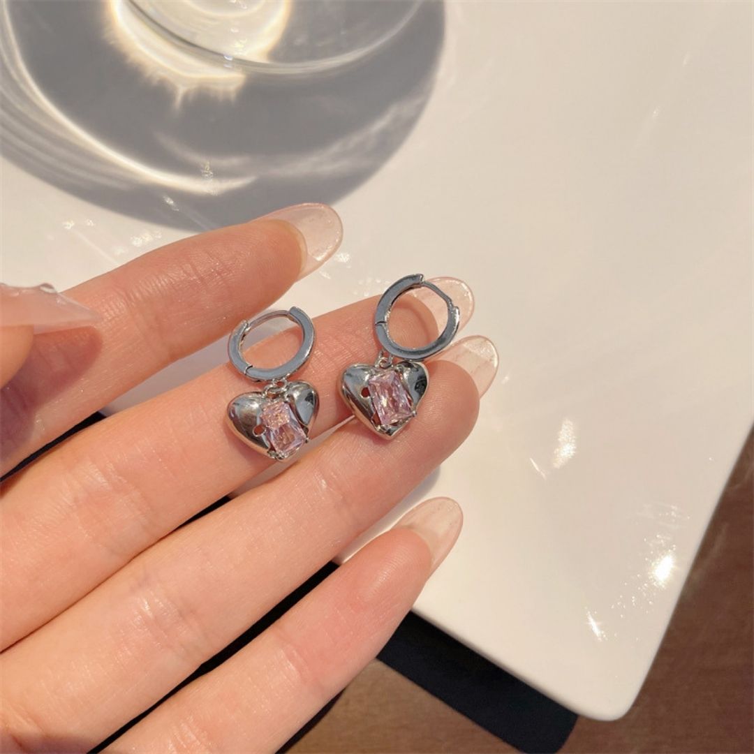 Pink Heart Crystal Drop Earrings