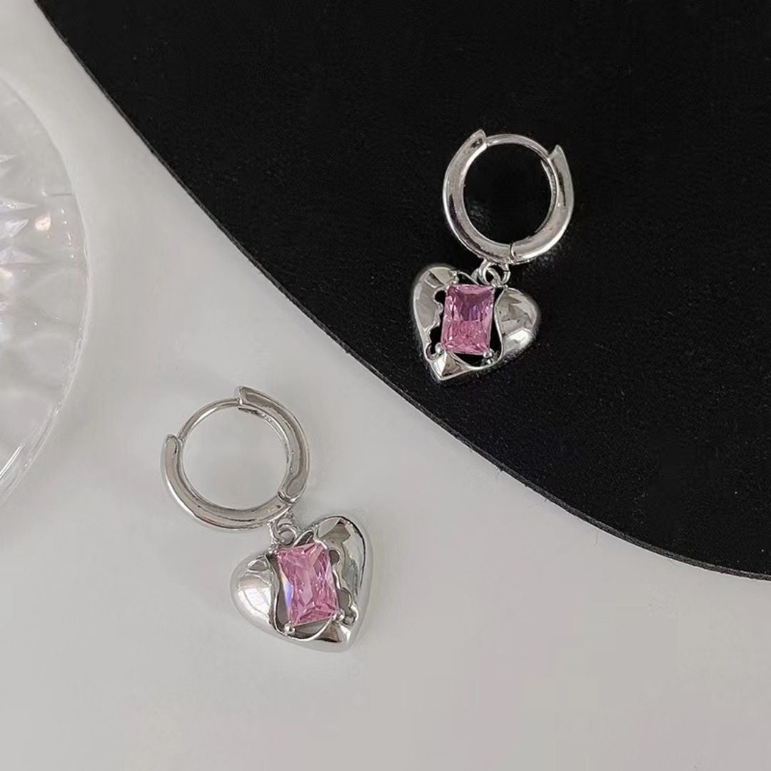 Pink Heart Crystal Drop Earrings