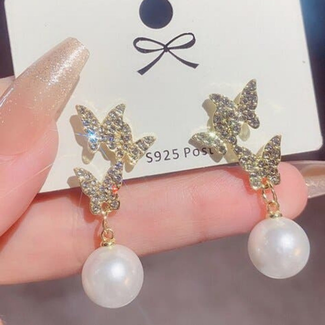 Graceful Glimmer Pearl Butterflies Earrings