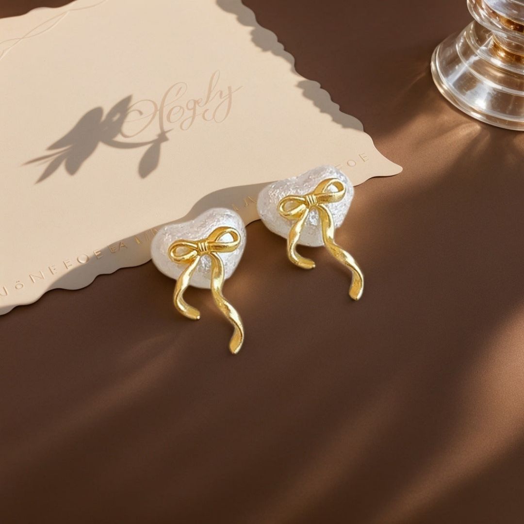 Pearl Heart with Bow Drop Earrings