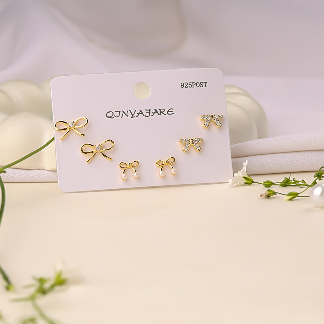 Minimal Stud Bow Combo Earrings