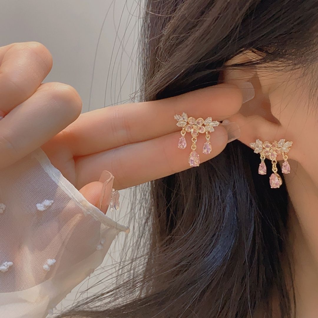 Pink Peony Arcs Drop Earrings