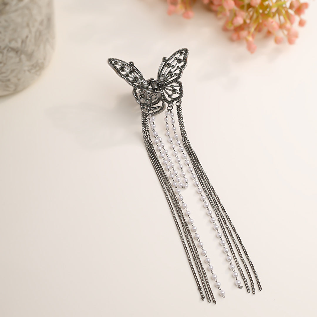 LUXURY BUTTERFLY RHINESTONE TASSEL DROP HAIRPIN