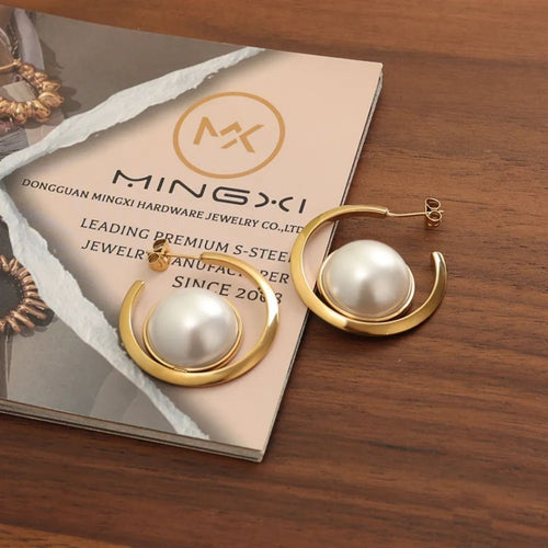 Pearl Half-Moon Hoops Earrings
