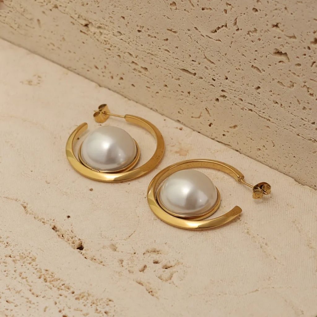 Pearl Half-Moon Hoops Earrings