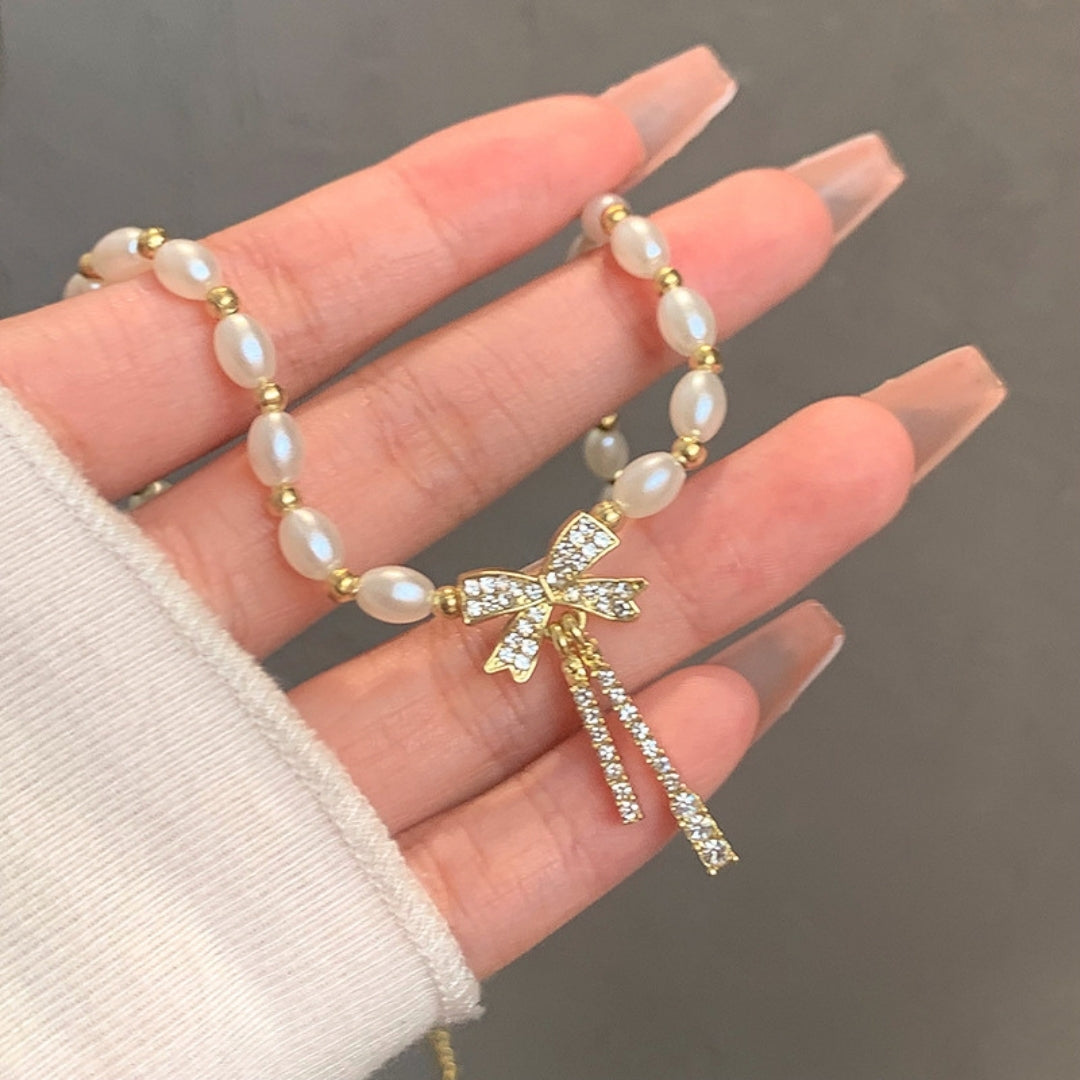 Graceful Pearl & Zircon Bow Necklace