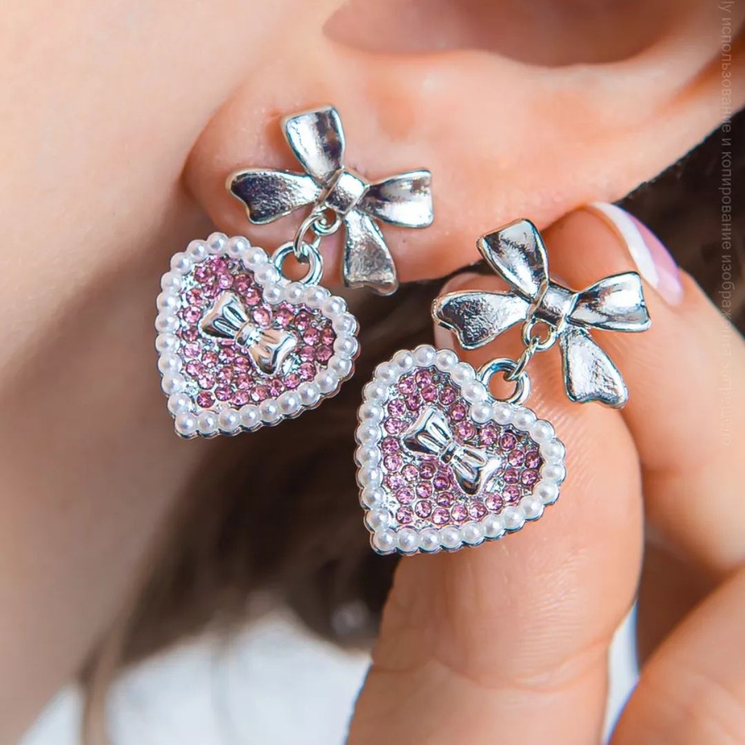 Bow & Crystal Heart Studs Earrings