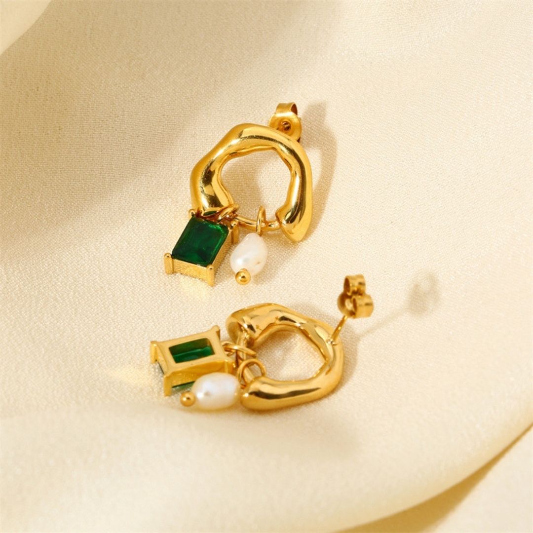 Pearl & Emerald Drop Studs Earrings