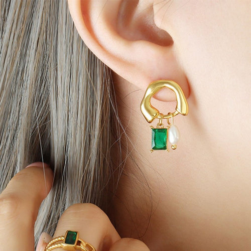 Pearl & Emerald Drop Studs Earrings