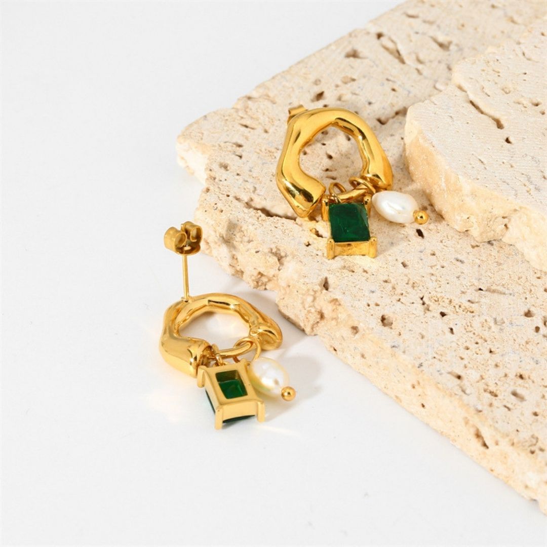 Pearl & Emerald Drop Studs Earrings