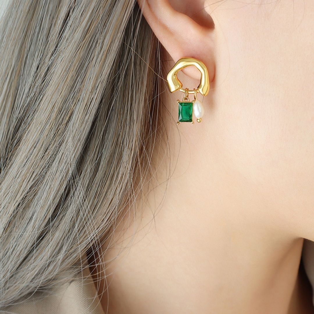 Pearl & Emerald Drop Studs Earrings