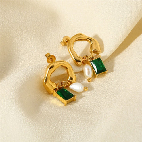 Pearl & Emerald Drop Studs Earrings