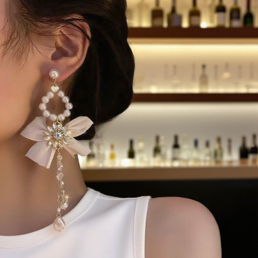 Graceful Pearl Cascade Bow Earrings