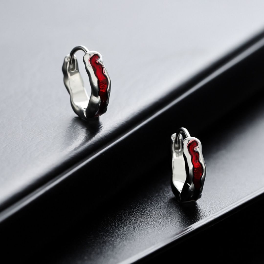 Molten Silver & Red Hoops Earrings