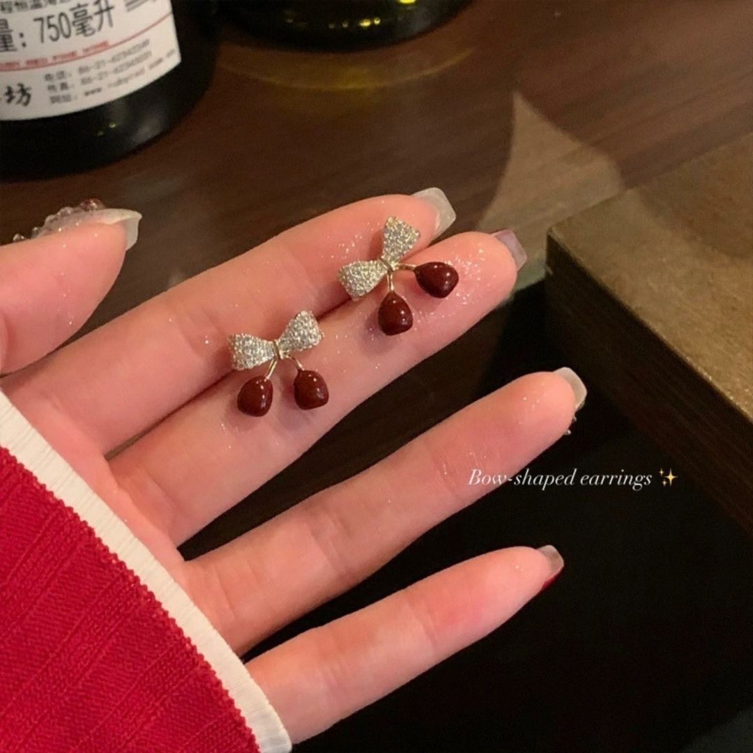 Red Cherry Bow Studs Earrings