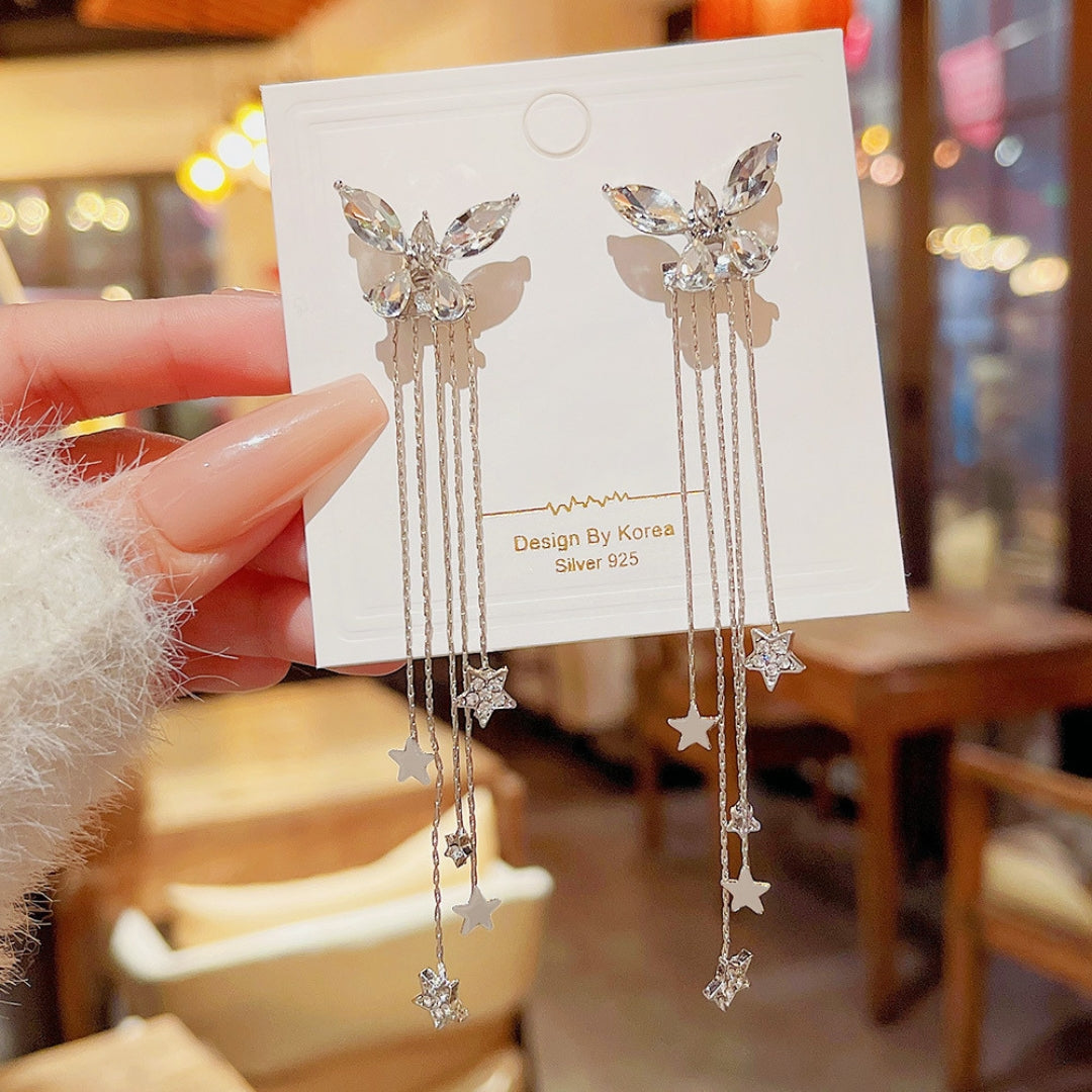 Crystal Butterfly & Star Tassel Earrings