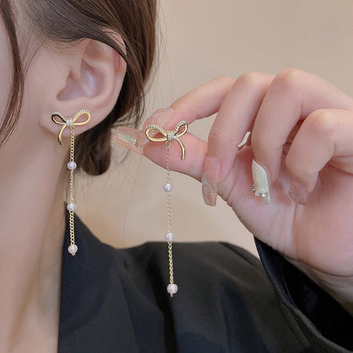 Golden Ribbon Pearl Dangles