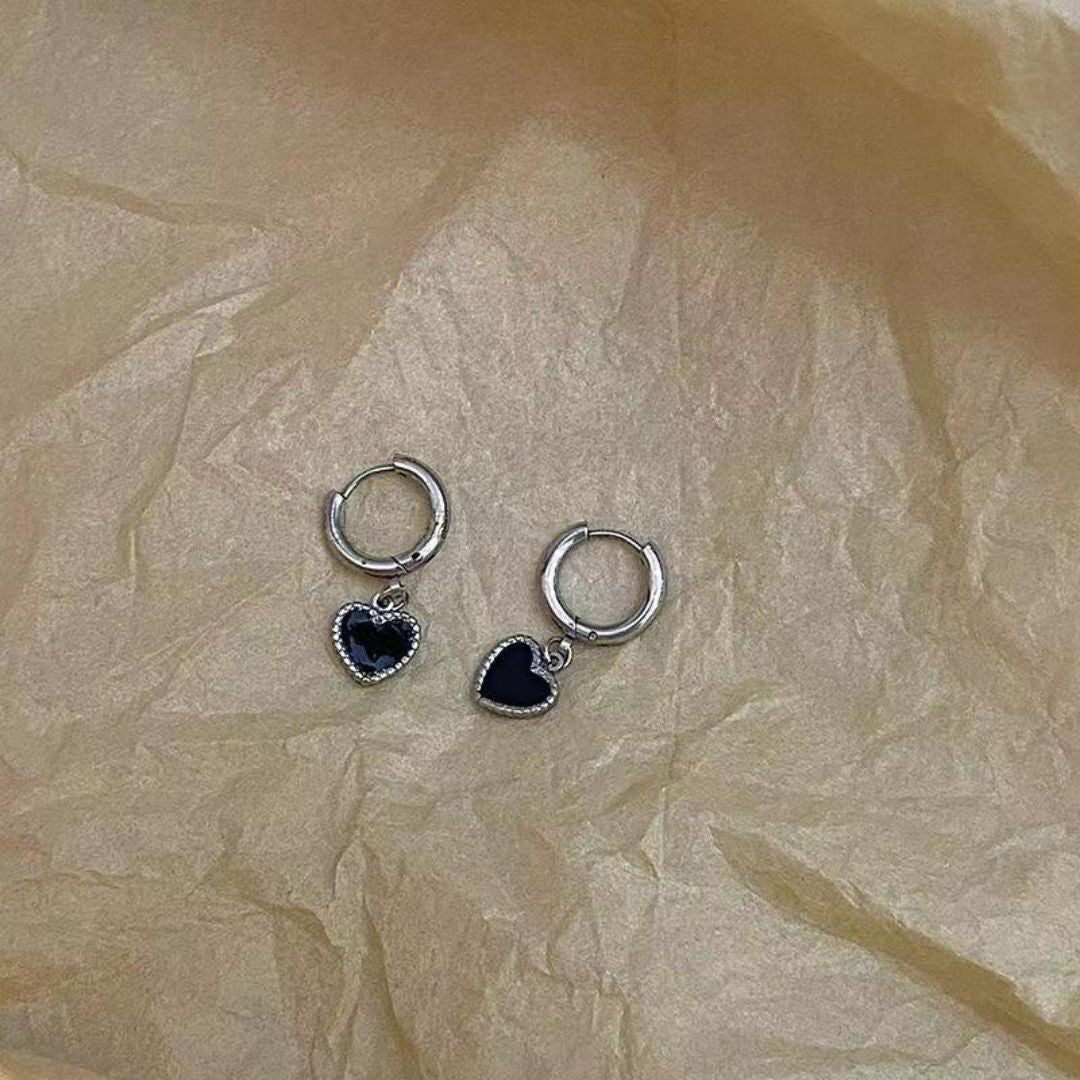 Midnight Heart Drop Hoops Earrings
