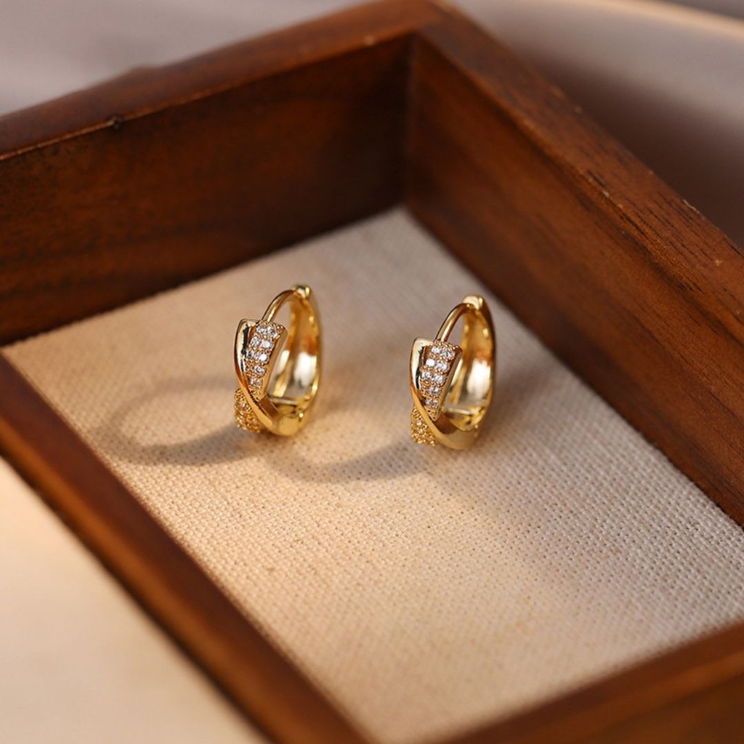 Gold Twisted Pavé Huggies Earrings
