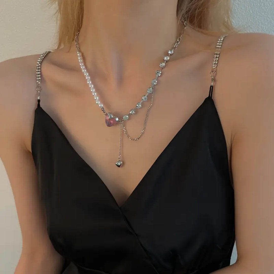 Pearl & Crystal Heart Necklace
