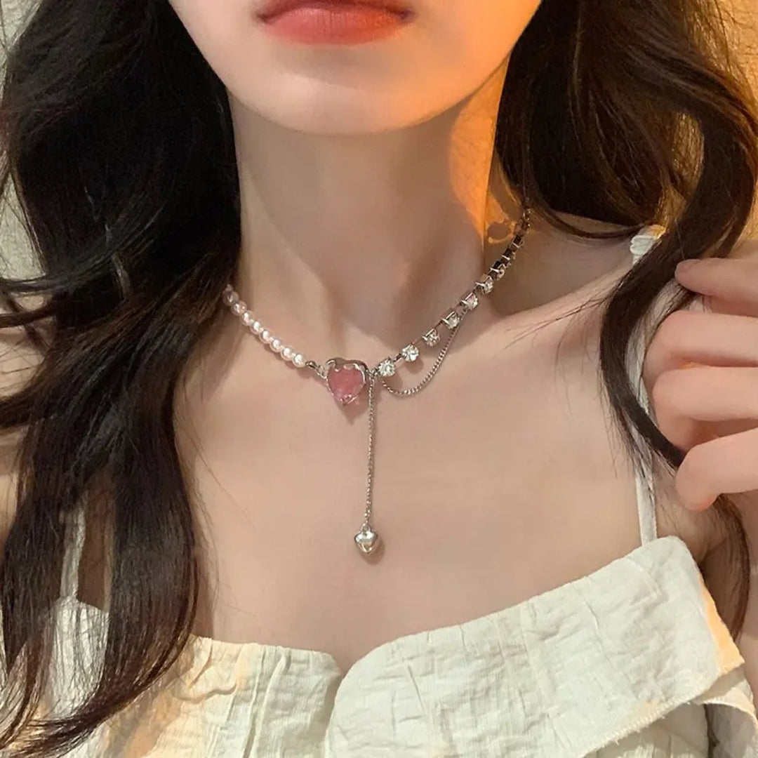 Pearl & Crystal Heart Necklace