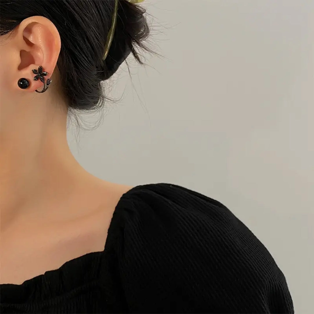 Chic Black Blossom Back Earrings