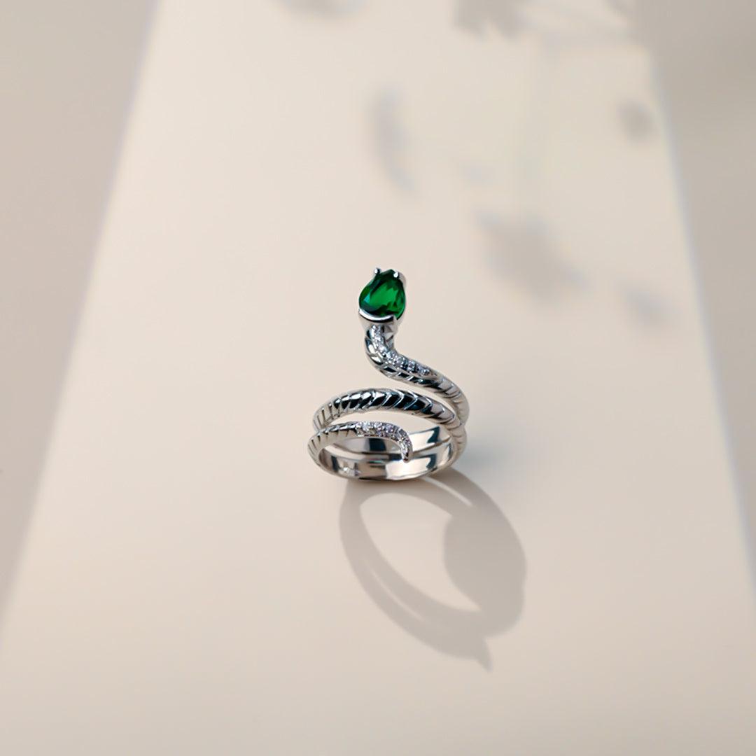 Silver Snake Green Gem Ring