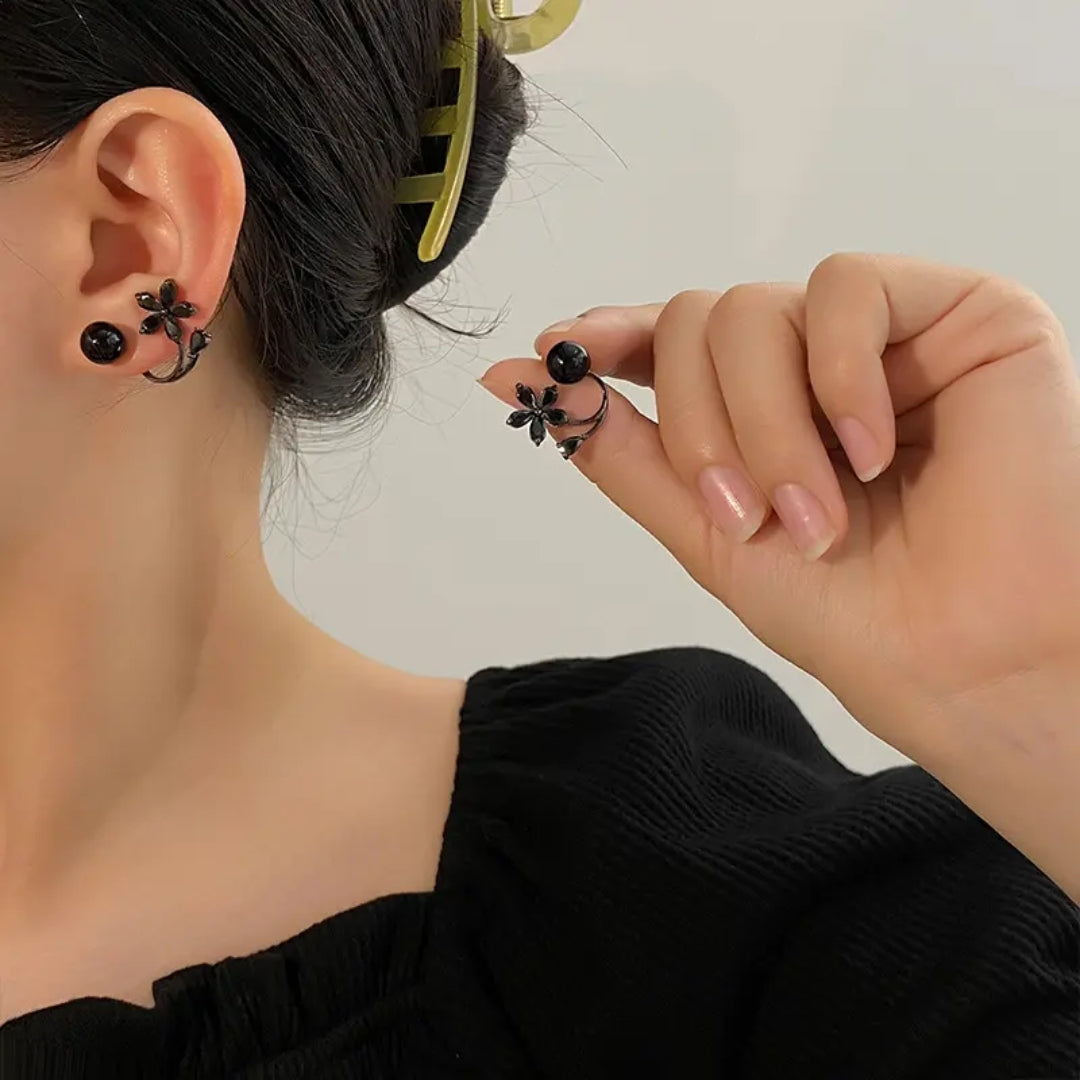 Chic Black Blossom Back Earrings