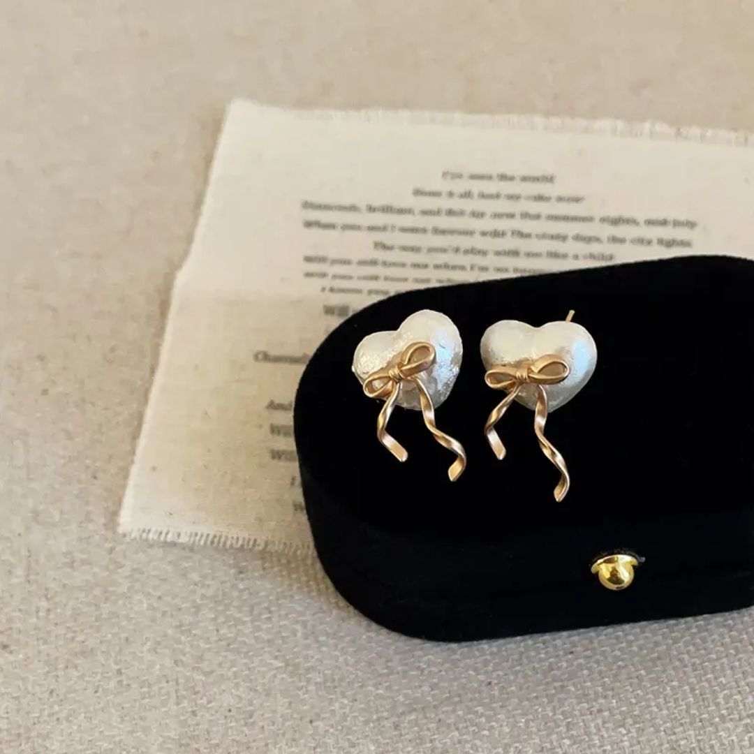 Pearl Heart with Bow Drop Earrings