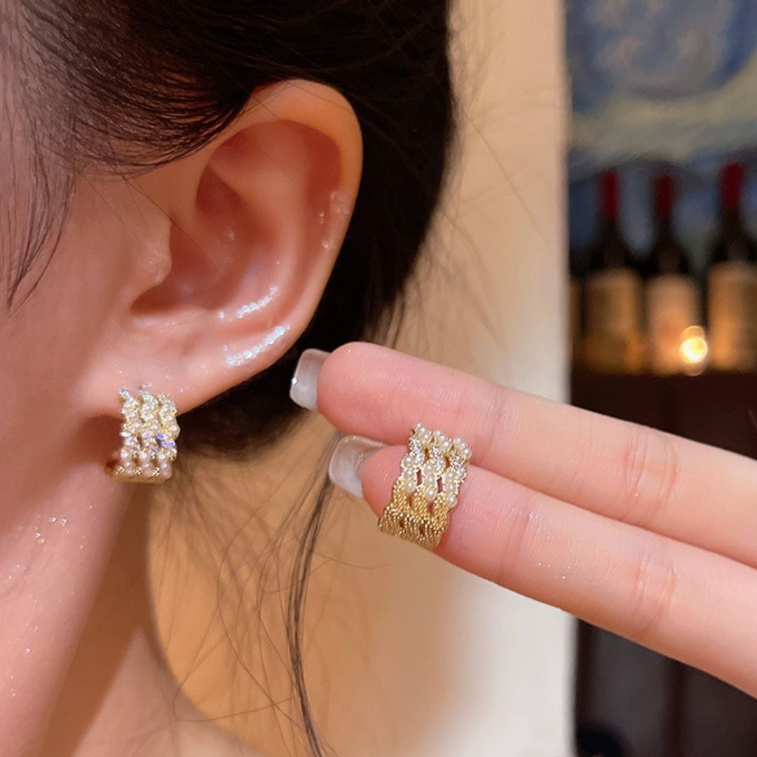 Gilded Tapestry Pearl Huggies Earrings