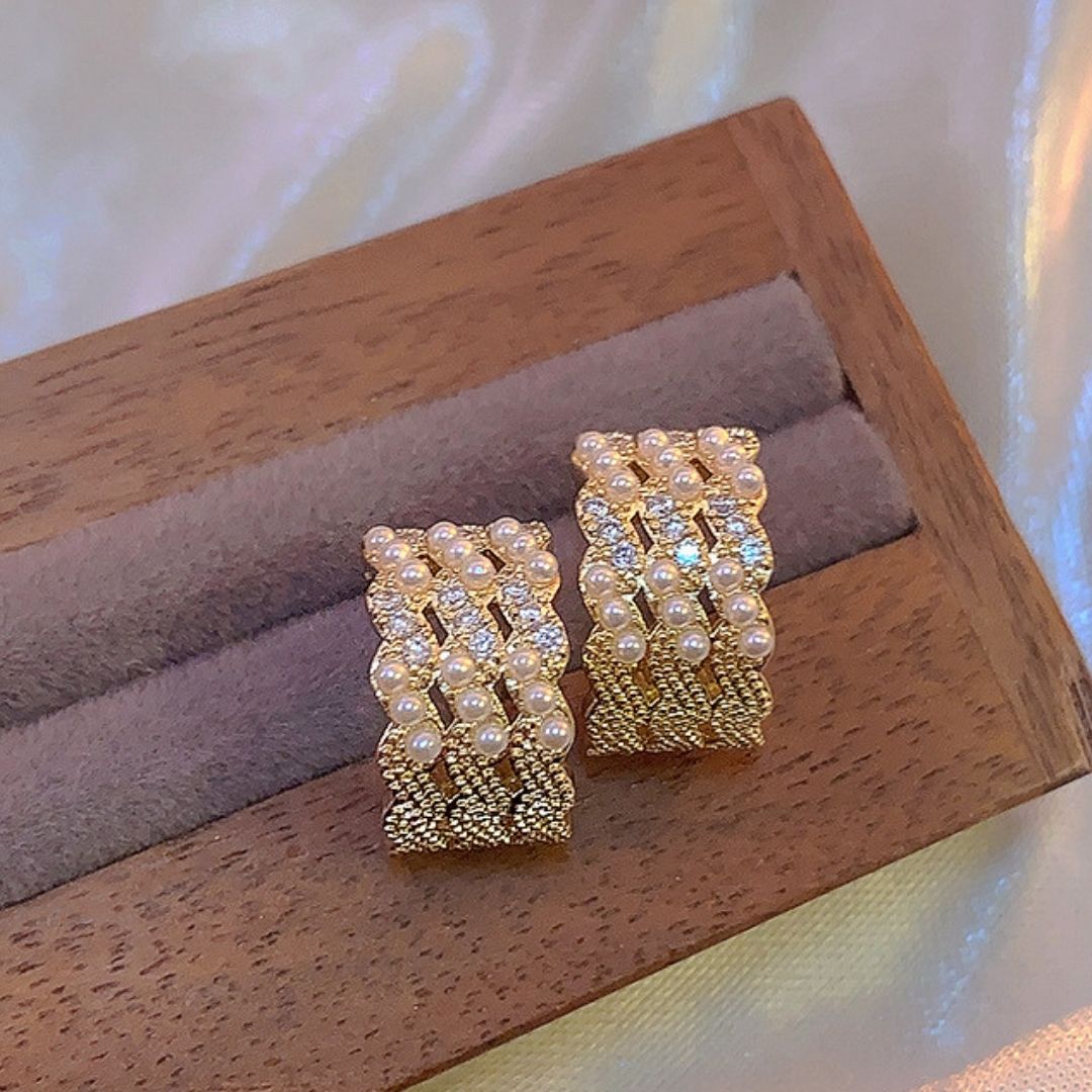 Gilded Tapestry Pearl Huggies Earrings