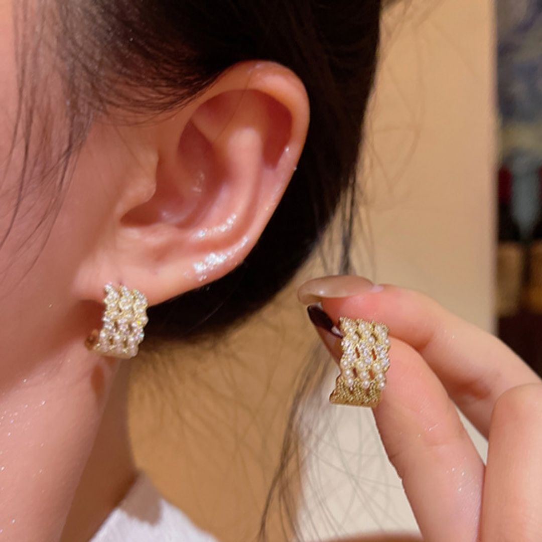 Gilded Tapestry Pearl Huggies Earrings