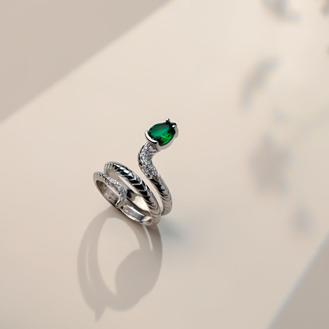 Silver Snake Green Gem Ring