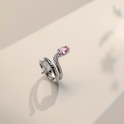 Silver Snake Pink Gem Ring