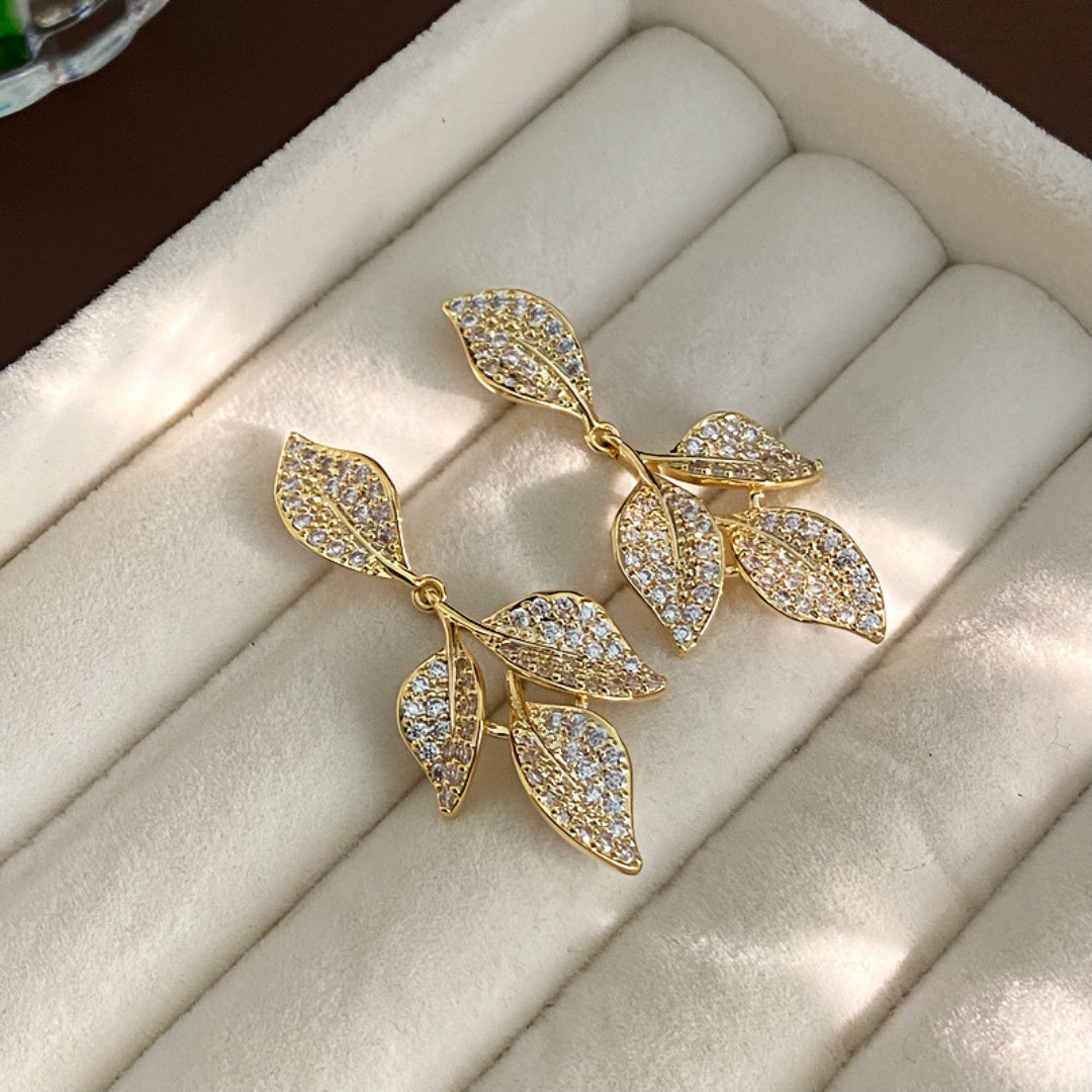 Golden Dewdrop Leaf Earrings