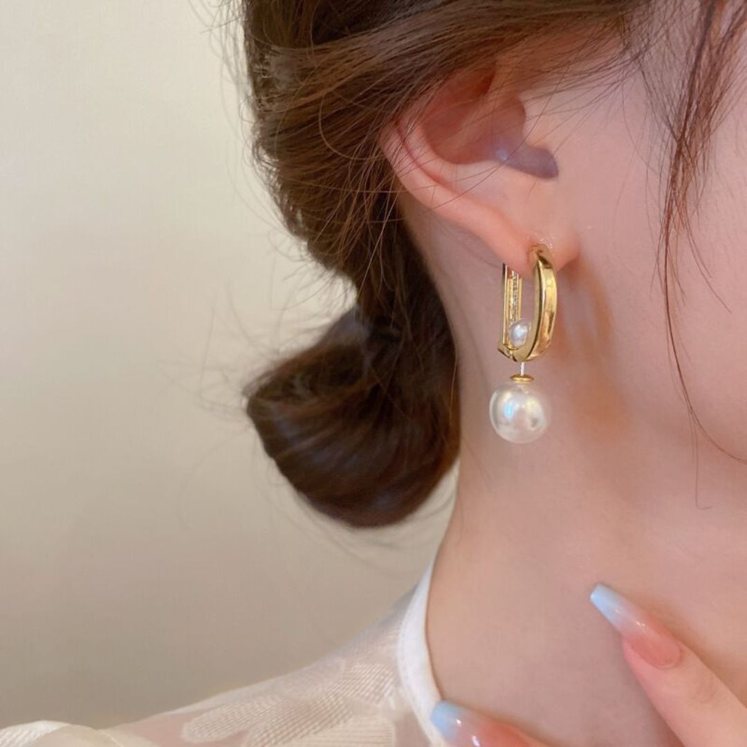Golden Pearl Huggies Earrings