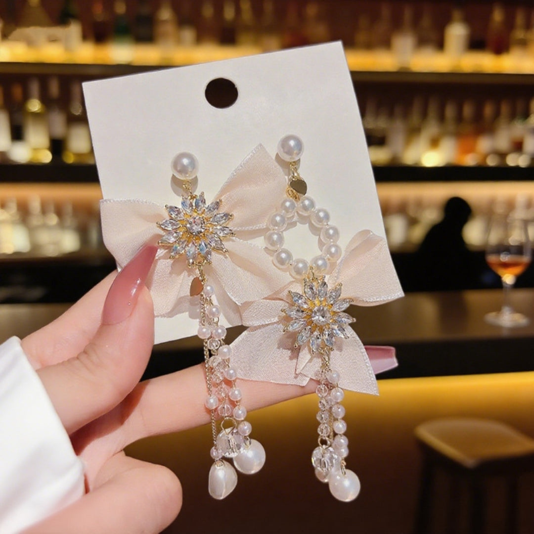 Graceful Pearl Cascade Bow Earrings