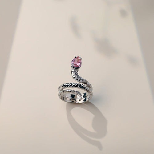 Silver Snake Pink Gem Ring