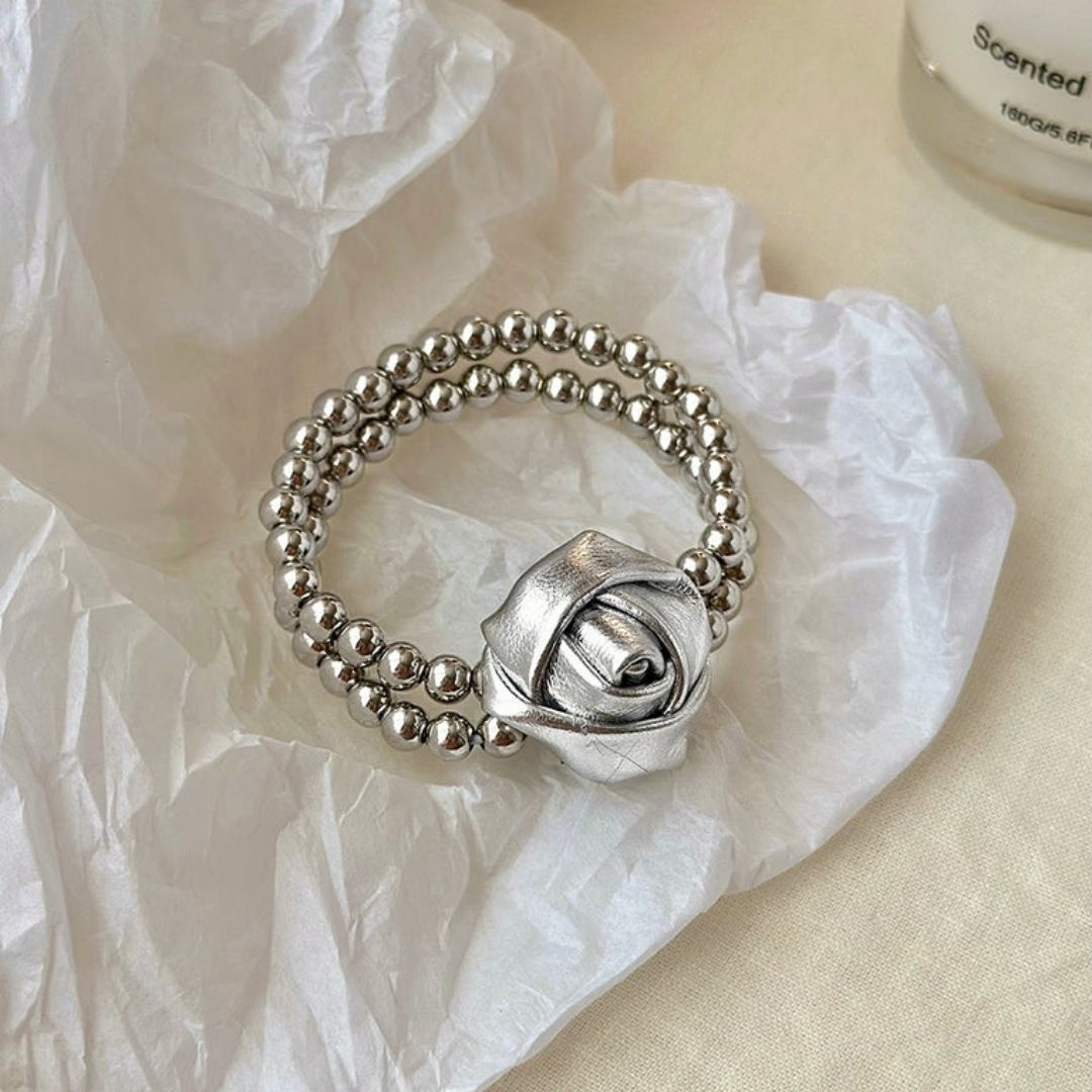 Silver Rose & Bead Hair Tie