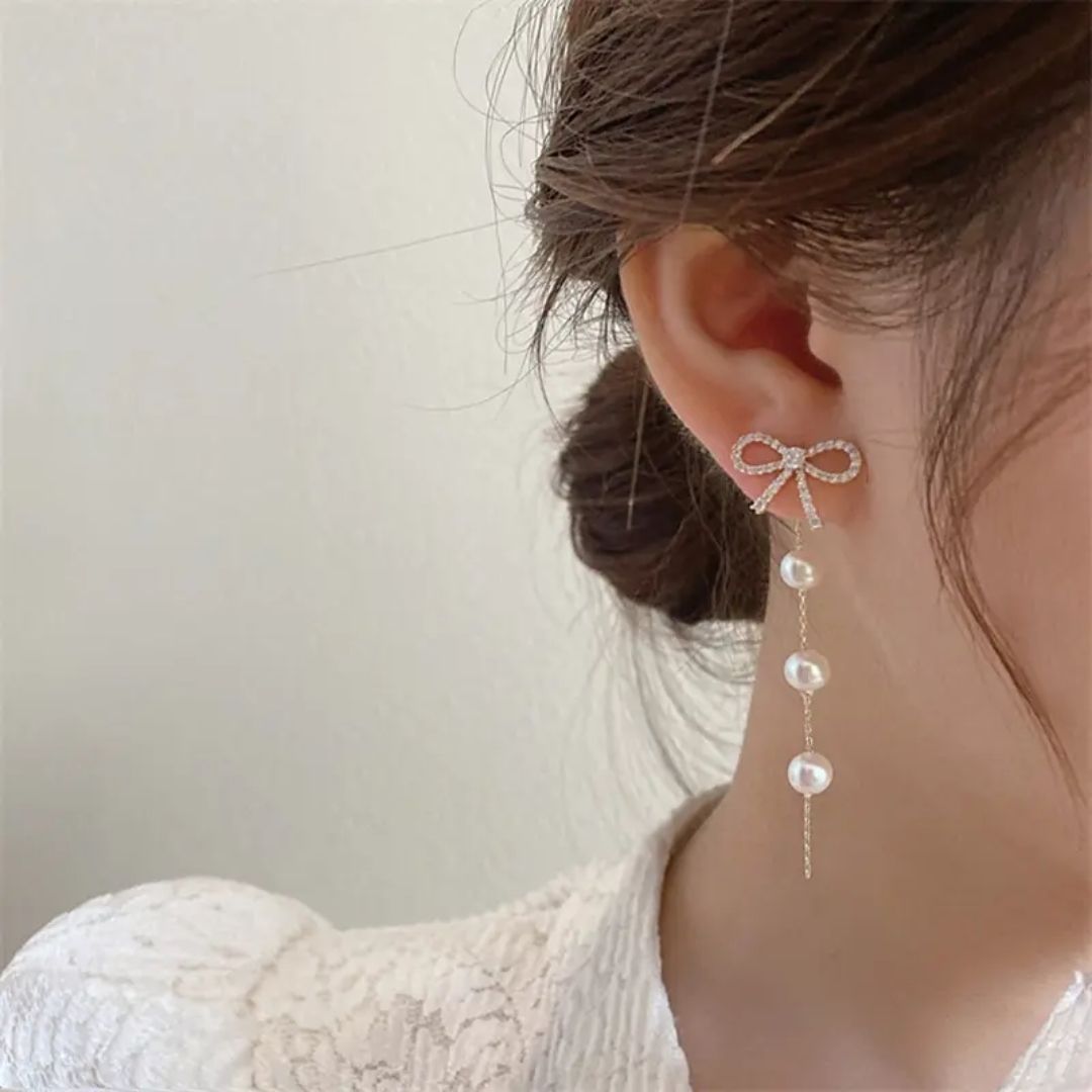 Gilded Ribbon and Pearl Drop Earrings