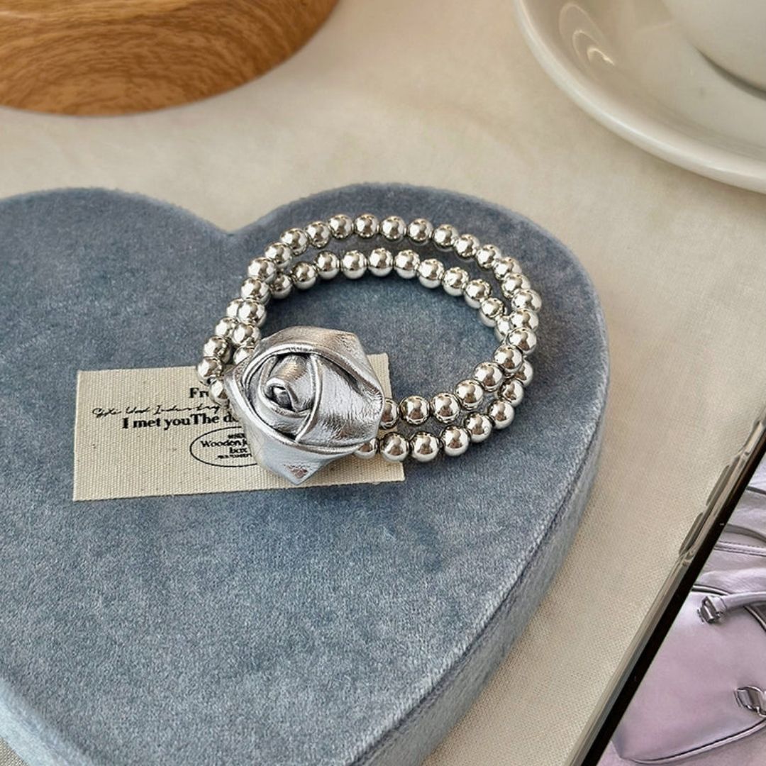Silver Rose & Bead Hair Tie