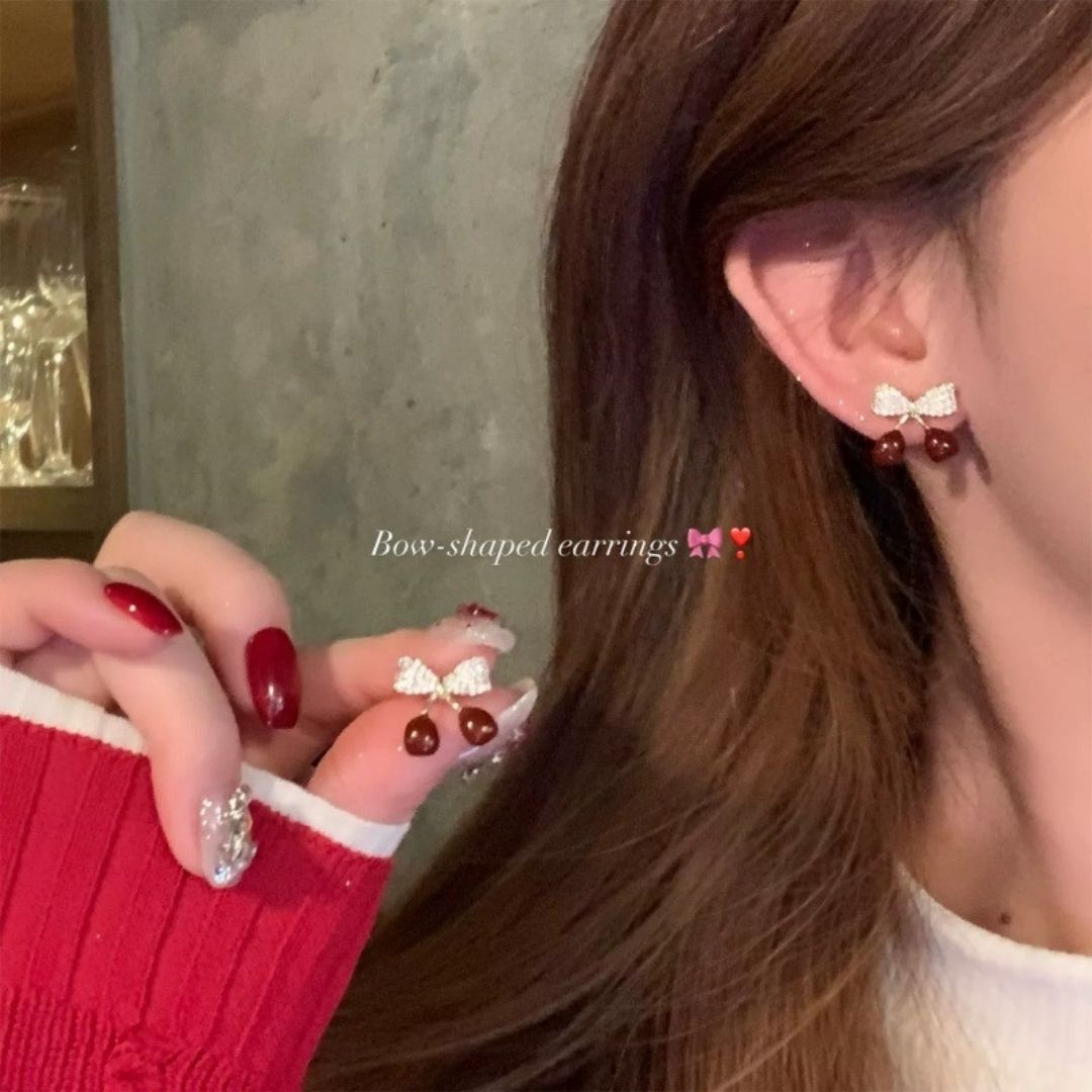 Red Cherry Bow Studs Earrings