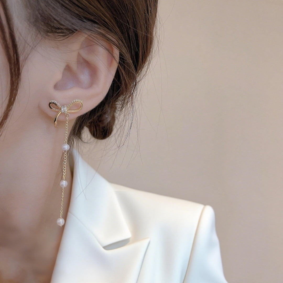 Golden Ribbon Pearl Dangles