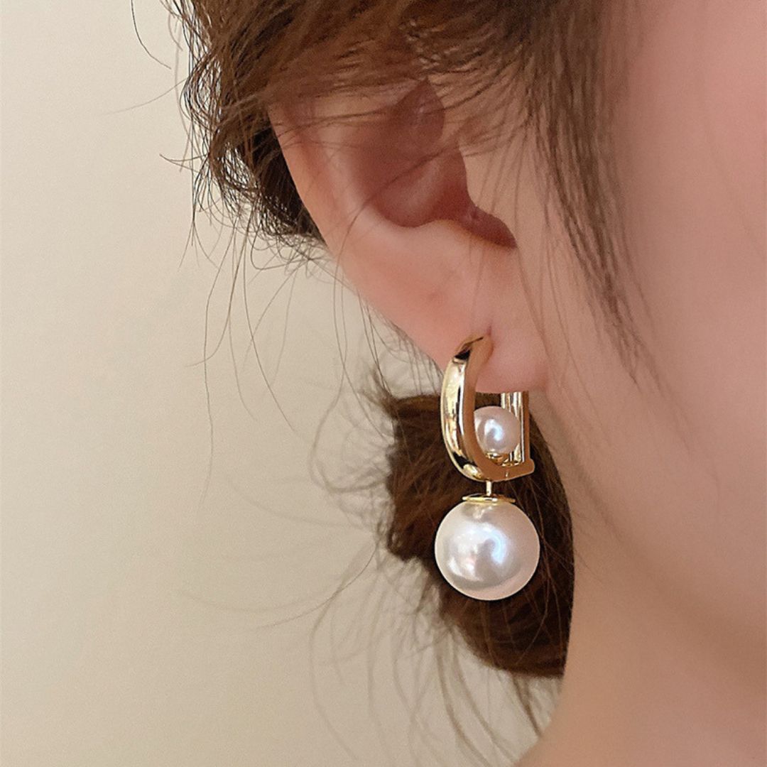 Golden Pearl Huggies Earrings