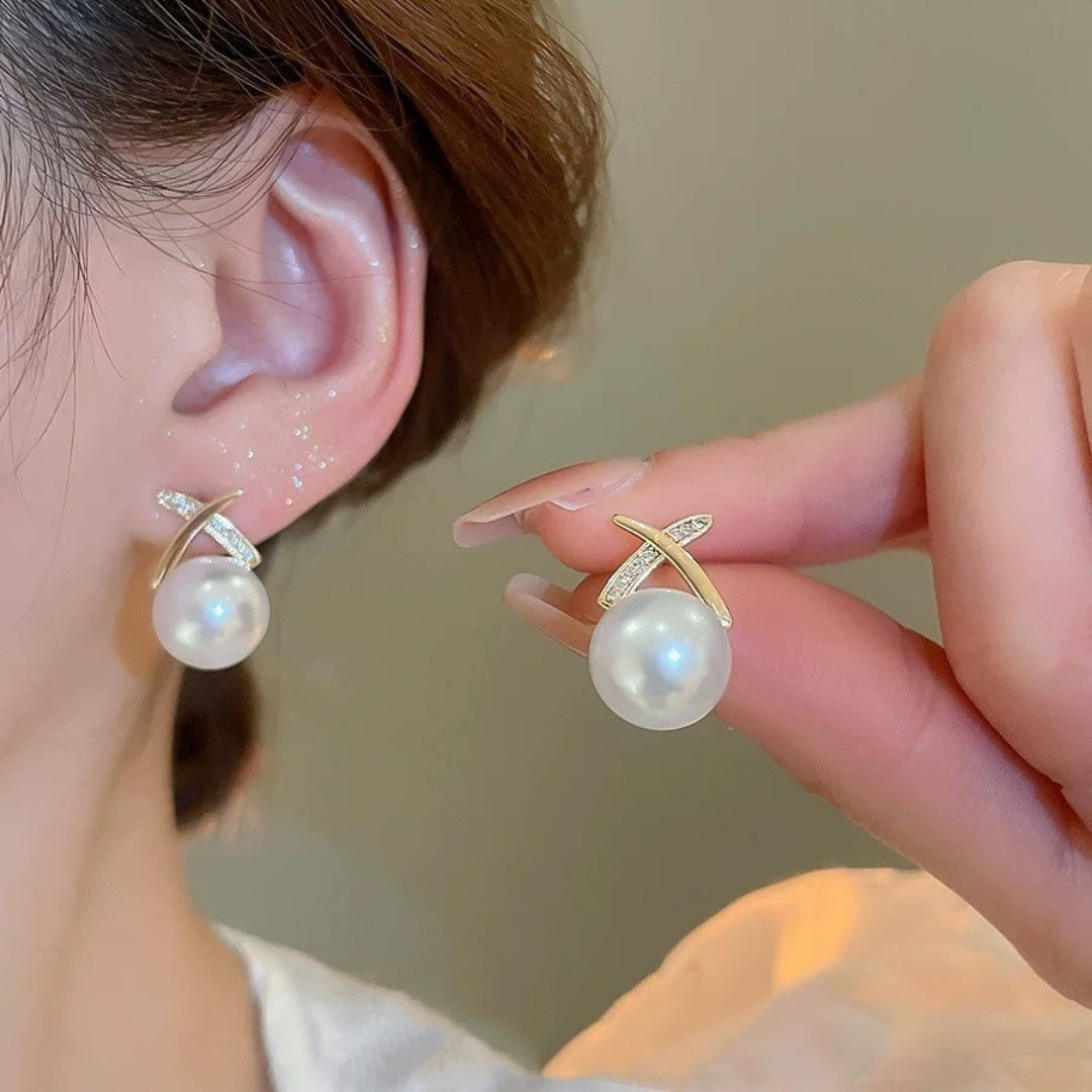 Pave X Pearl Earrings