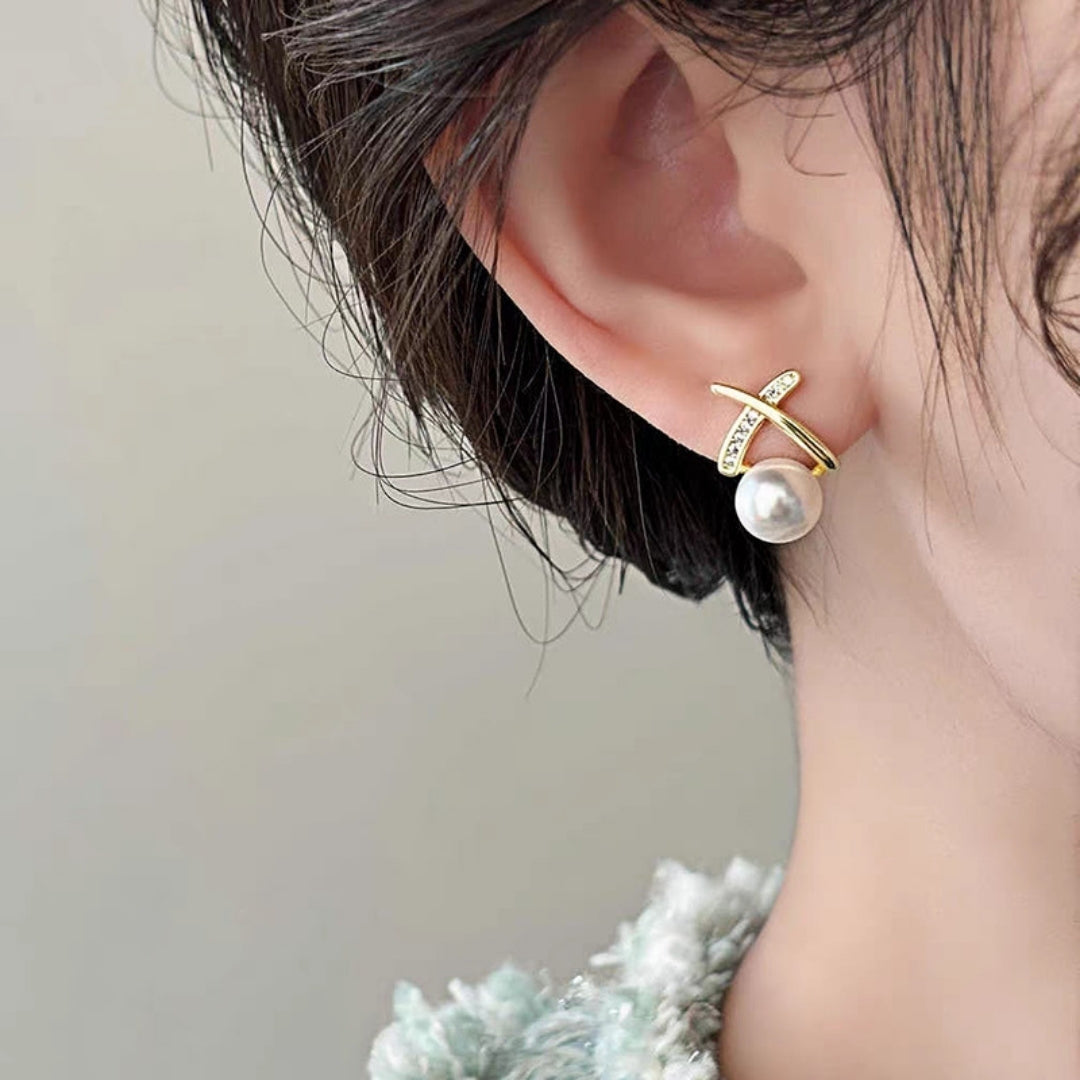 Pave X Pearl Earrings