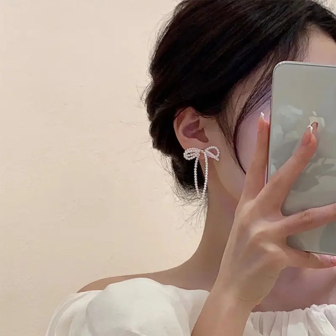 Beaded Bow-Shaped Drop Earrings