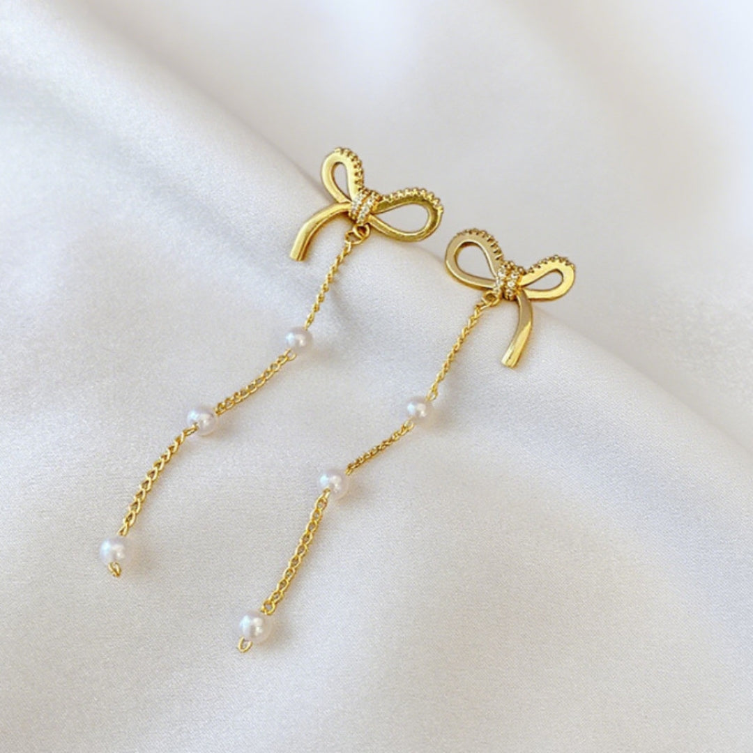 Golden Ribbon Pearl Dangles