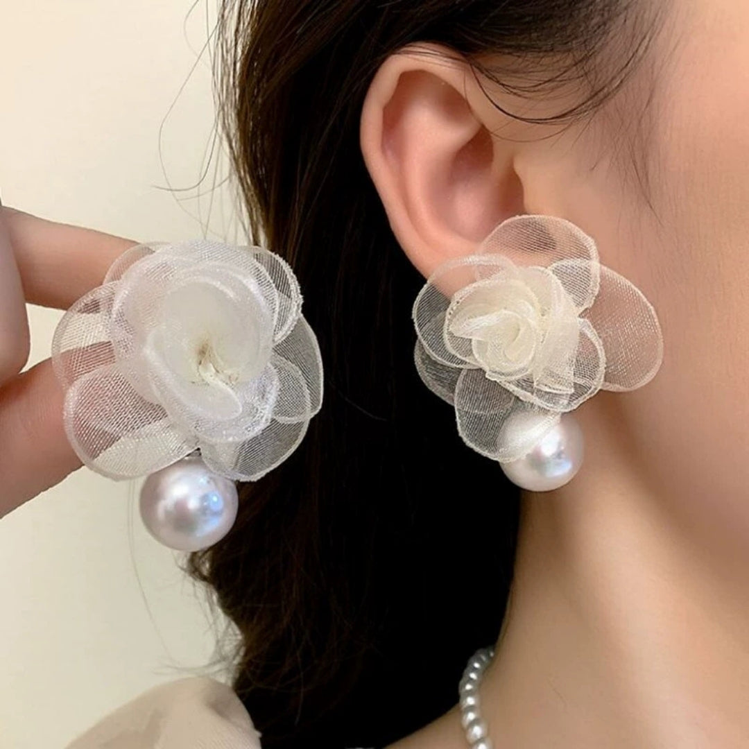 White Rose Pearl Earrings